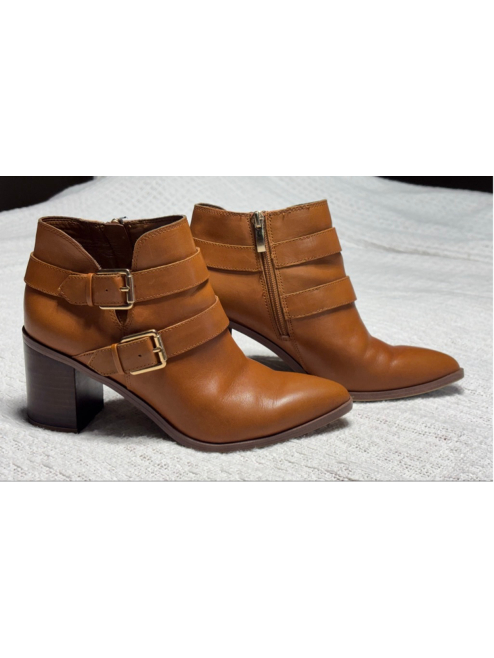 Franco Sarto "Buck" Western Cowgirl Leather Ankle Boots Gold Buckle Accents SZ 7